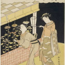 鈴木春信・絵「寄菊」夜菊を折り取る男女